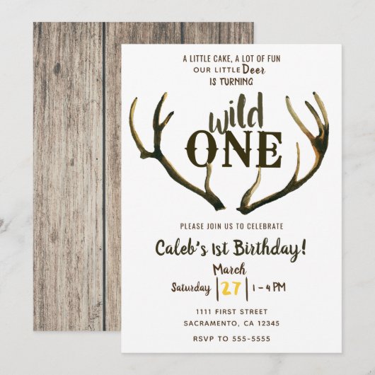 Invitation Wild One Deer Antlers Rustique 1er anniversaire fê (Devant / Derrière)