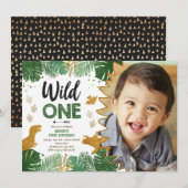 Invitation Wild One Dino Party Boy Gold Dinosaur 1er annivers (Devant / Derrière)