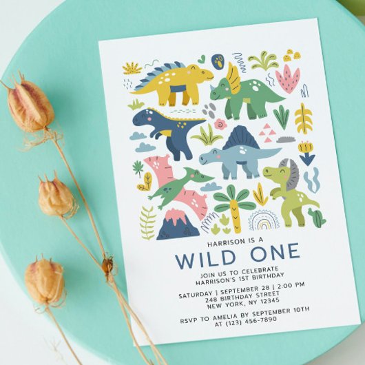 Invitation Wild One Dino Party mignonne Dinosaures moderne d'