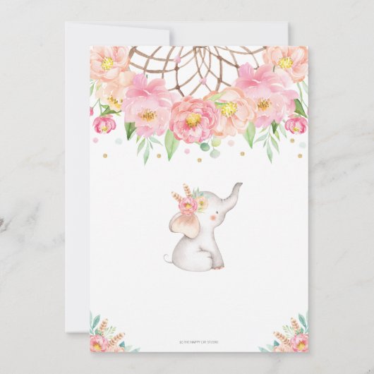 Invitation Wild One Elephant 1er anniversaire Boho rose Flora (Dos)