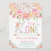 Invitation Wild One Elephant 1er anniversaire Boho rose Flora (Devant / Derrière)