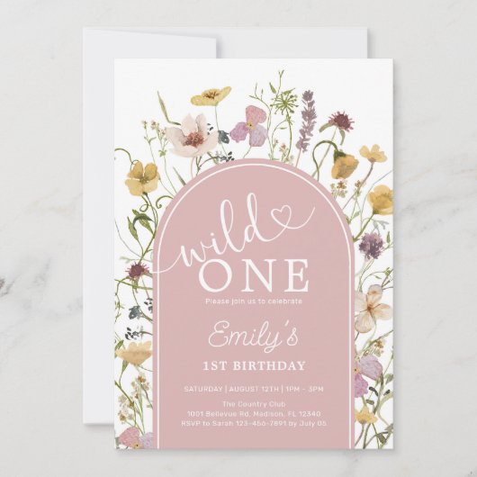 Invitation Wild One Fleur sauvage Blush rose 1er anniversaire (Devant)