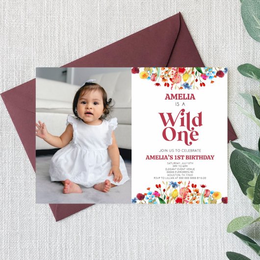 Invitation Wild One Fleur sauvage Photo First Birthday Party