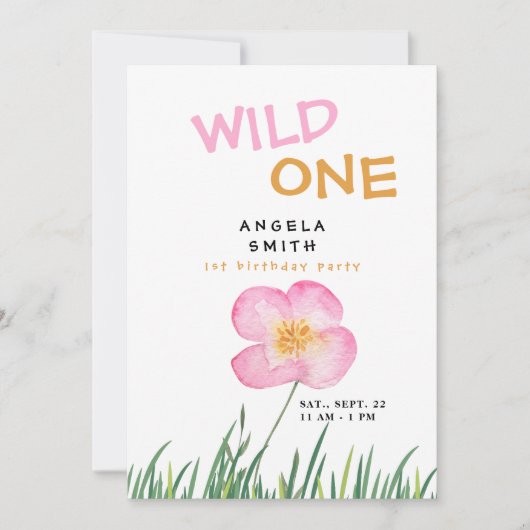 Invitation Wild One Fleur sauvage rose 1er anniversaire (Devant)