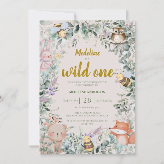 Invitation Wild One Forest Animaux 1er anniversaire Invitatio (Devant)