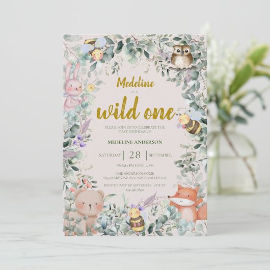 Invitation Wild One Forest Animaux 1er anniversaire Invitatio (Debout devant)