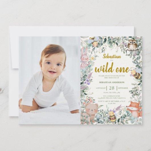 Invitation Wild One Forest Cute Animaux Boho Boy 1er Annivers (Devant)