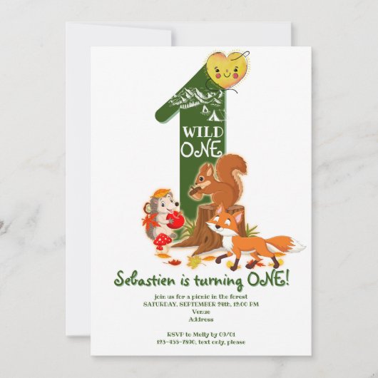 Invitation Wild ONE Forêt forestière Animaux Enfants 1er anni (Devant)