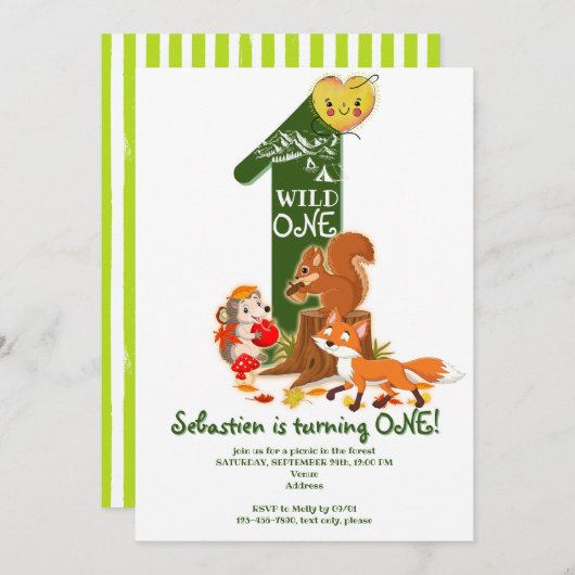 Invitation Wild ONE Forêt forestière Animaux Enfants 1er anni (Devant / Derrière)