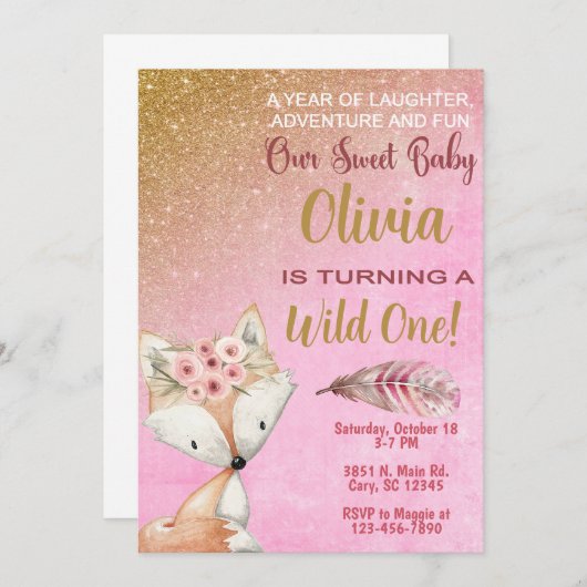 Invitation Wild One fox forêt 1er premier anniversaire invita (Devant / Derrière)