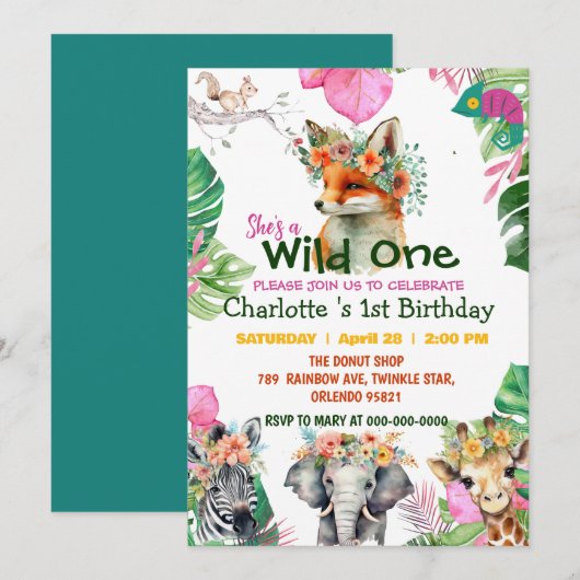 Invitation Wild One Fox Safari jungle 1er Animaux Anniversair (Devant / Derrière)