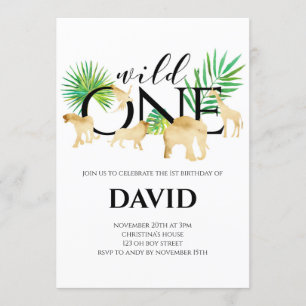 Invitation WILD ONE Garçon 1er Anniversaire Gold Foil Animaux