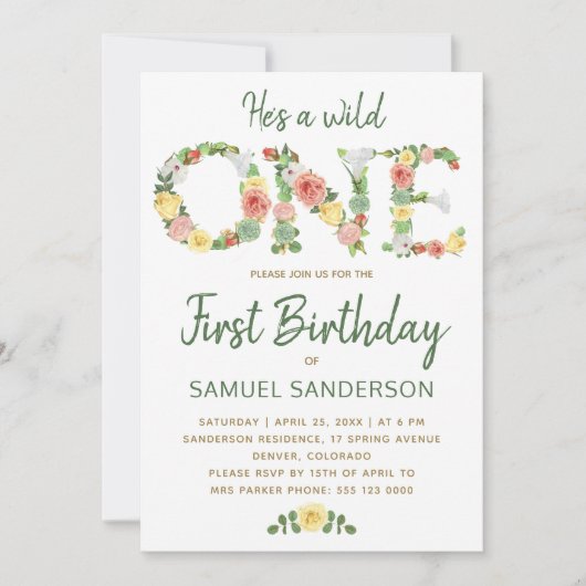 Invitation Wild ONE garçon typographie florale script 1er ann (Devant)