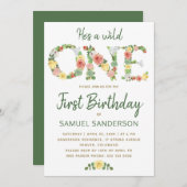 Invitation Wild ONE garçon typographie florale script 1er ann (Devant / Derrière)