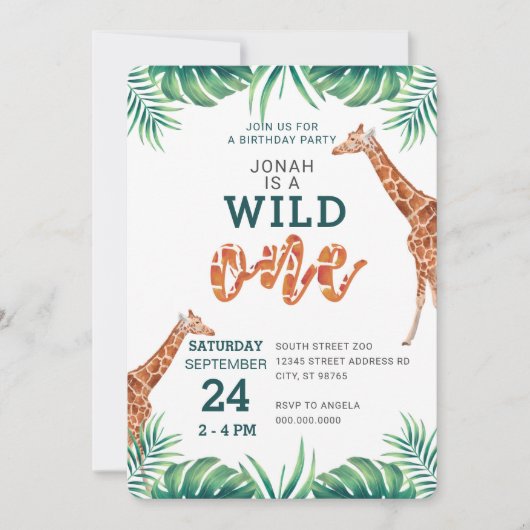 Invitation WILD ONE girafe premier anniversaire zoo de fête (Devant)