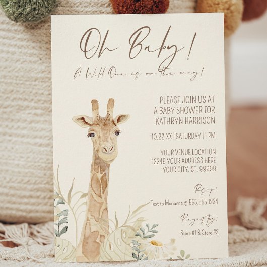 Invitation Wild One Giraffe Daisy Floral Genre Neutre Bébé