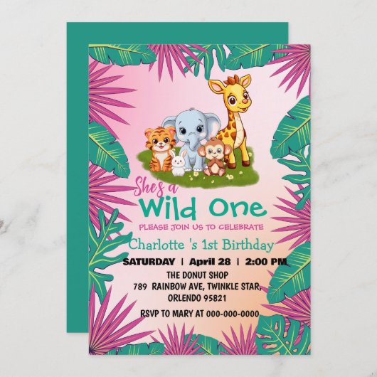 Invitation Wild One Giraffe jungle de singe 1er Anniversaire (Devant / Derrière)