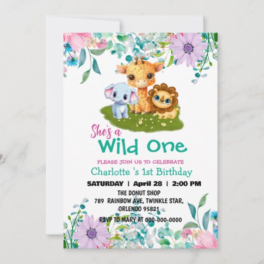 Invitation Wild One Giraffe lion jungle 1er Animaux Anniversa (Devant)