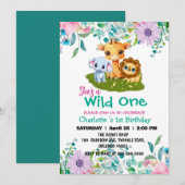 Invitation Wild One Giraffe lion jungle 1er Animaux Anniversa (Devant / Derrière)