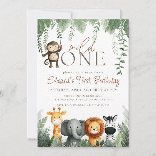 Invitation Wild One Jungle 1st Birthday (Devant)