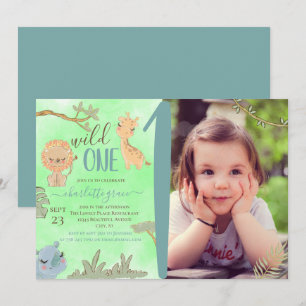 Invitation Wild One Jungle Animaux Blue Brown Premier anniver