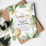 Invitation Wild One Jungle Green & Gold 1er anniversaire fête<br><div class="desc">Elégante invitation de safari neutre à thème 1er anniversaire,  avec verdure tropicale,  faux animaux de la jungle d'or (lion,  girafe et singe),  confettis d'or et un modèle d'anniversaire moderne qui est facile à customiser en utilisant l'option "customiser plus loin".</div>