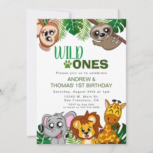 Invitation Wild One Jungle Safari Animal Twins Premier annive (Devant)