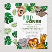 Invitation Wild One Jungle Safari Animal Twins Premier annive (Devant / Derrière)