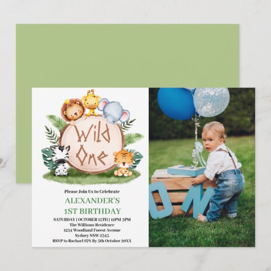 Invitation Wild One Jungle Safari Animaux 1er Anniversaire Ph (Devant / Derrière)