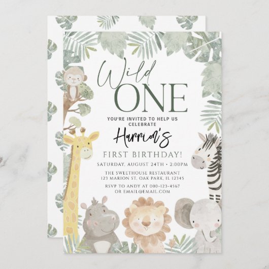 Invitation Wild One Jungle Safari Animaux Anniversaire (Devant / Derrière)