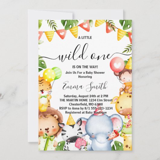 Invitation Wild One Jungle Safari Animaux Baby shower Invitat (Devant)