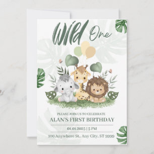 Invitation Wild One Jungle Safari Animaux Garçon 1er annivers