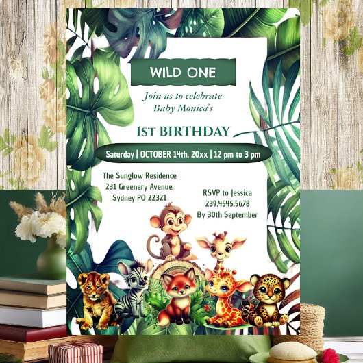 Invitation Wild One Jungle Safari Feuilles tropicaux Annivers