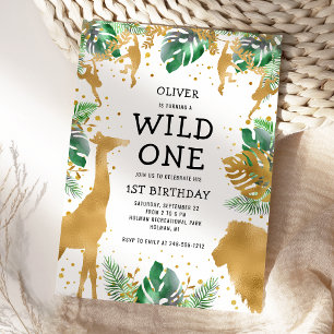 Invitation Wild One Jungle Safari Gold Green 1er anniversaire
