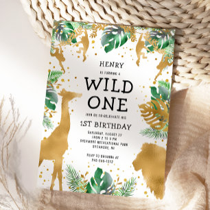 Invitation Wild One Jungle Safari Gold Green 1er anniversaire