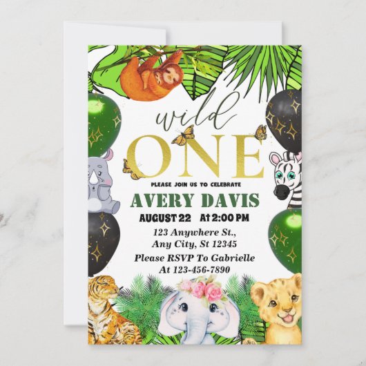 Invitation Wild One Jungle Safari Thème 1er anniversaire enfa (Devant)
