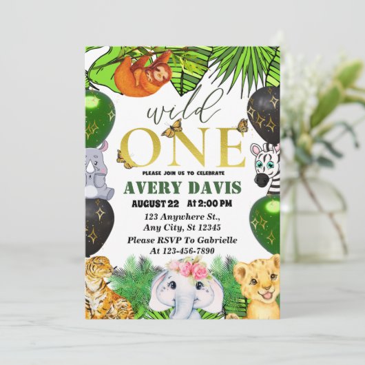 Invitation Wild One Jungle Safari Thème 1er anniversaire enfa (Debout devant)