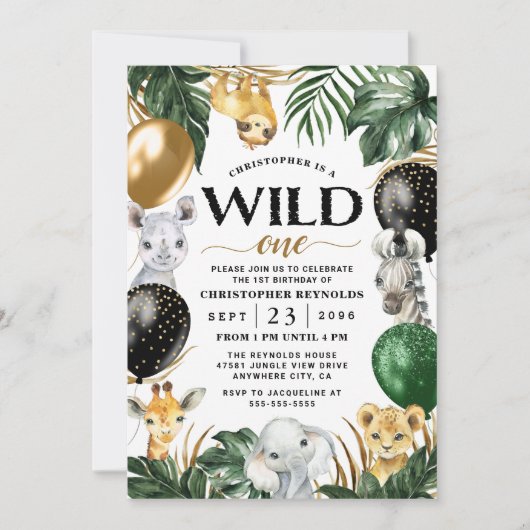 Invitation Wild One Jungle Safari Thème 1er anniversaire fête (Devant)