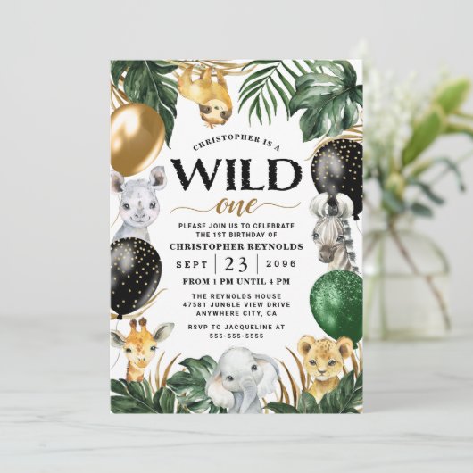 Invitation Wild One Jungle Safari Thème 1er anniversaire fête (Debout devant)
