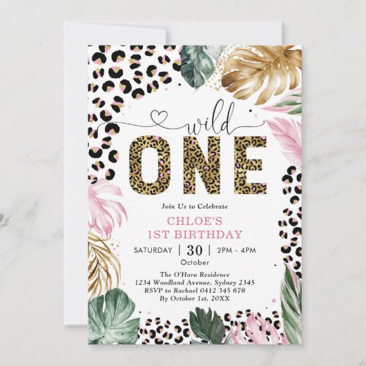 Invitation Wild One Leopard Pink Party Animals 1st Birthday (Devant)