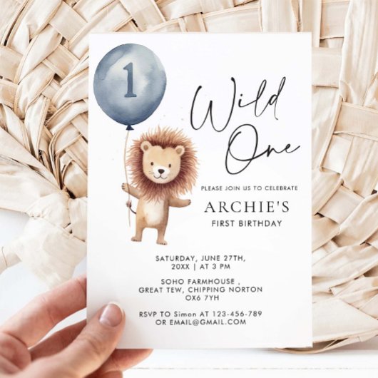 Invitation Wild One Lion Blue Ballon Boy Premier anniversaire