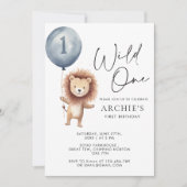 Invitation Wild One Lion Blue Ballon Boy Premier anniversaire (Devant)