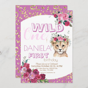 Invitation Wild One Lion fille 1er anniversaire fête