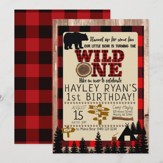 Invitation Wild One Little Bear Red Plaid 1er Anniversaire (Devant / Derrière)