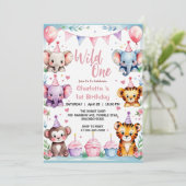 Invitation Wild One mignon Animaux Balloon fille 1er annivers (Debout devant)