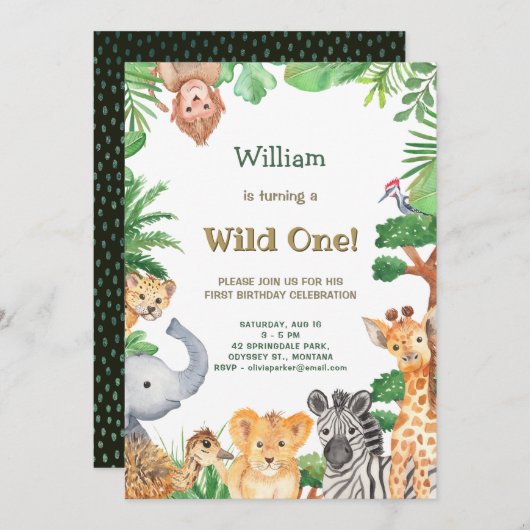 Invitation Wild One mignon Animaux Jungle Safari Anniversaire (Devant / Derrière)