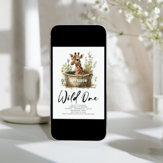 Invitation Wild One mignonne Giraffe 1er anniversaire Boho an