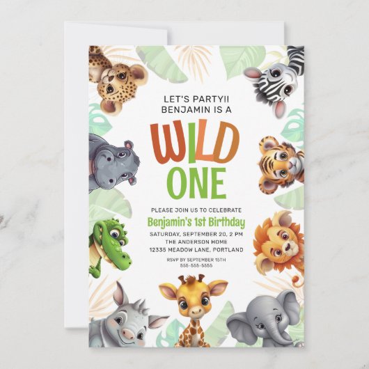 Invitation Wild One mignonne Jungle Animal 1er anniversaire d (Devant)