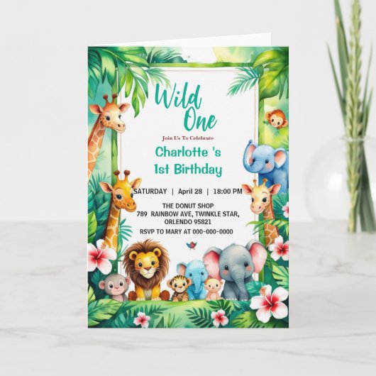 Invitation Wild One mignonne Jungle Animal 1er anniversaire d (Devant)