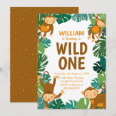 Invitation Wild One Monkey Safari animal 1er anniversaire fêt (Devant / Derrière)